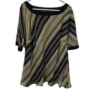Anne Klein Silk Top Womens Plus Size 1X Multicolor Striped Blouse Mature Office